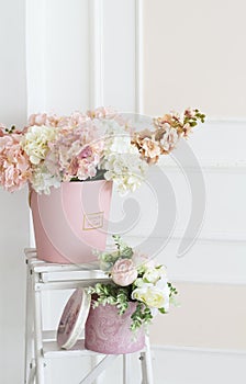 Floral decoration in the photo studio. Interior photo studio. Wedding decorations. Gentle spring flowers. flower
