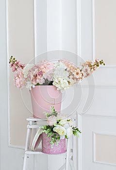 Floral decoration in the photo studio. Interior photo studio. Wedding decorations. Gentle spring flowers. flower