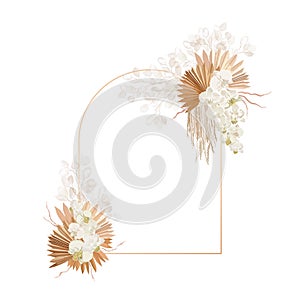 Floral decoration vector frame. Dried lunaria, orchid, pampas grass wedding wreath. Exotic dry flowers