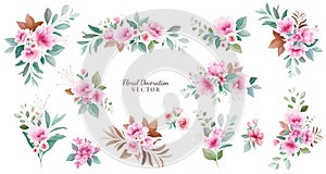 Floral decoration vector set. Botanic arrangements illustration of pink and red flowers, leaf, branch. Botanic elements for