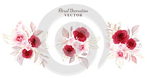 Floral decoration vector set. Botanic arrangements illustration of red and peach roses with leaves, branch. Botanic elements for