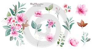 Floral decoration vector set. Botanic arrangements & individual elements of pink and purple flowers, leaf, branch. Botanic