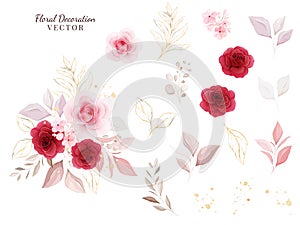 Floral decoration vector set. Botanic illustration of red and peach roses with leaves, branch. Flowers composition elements for