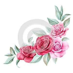 Floral decoration for wedding invitation card border. Corner watercolor flowers illustration of red and peach roses, leaves,