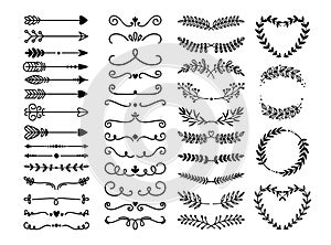 Floral decorative dividers. Ornament line branch decor, flourish text border divider, hand drawn curly element, doodle