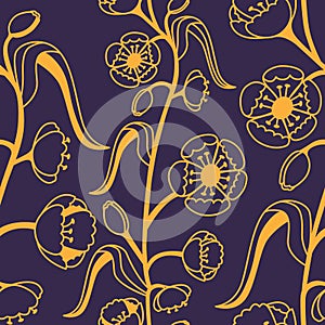 Floral decorative pattern. Maquis. Seamless gold pattern on a purple background