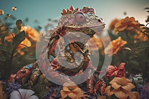 Floral decoupage of surreal lizard cryptid. Generate ai photo