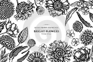 Floral design with black and white poppy flower, gerbera, sunflower, milkweed, dahlia, veronica