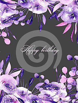 Floral design card with watercolor purple roses and herbs, hand drawn on a dark background