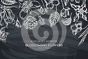 Floral design with chalk ylang-ylang, impatiens, daffodil, tigridia, lotus, aquilegia