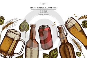 Floral design with colored rye, hop, mug of beer, bottles of beer, aluminum can