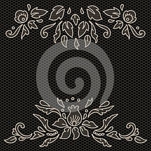 Floral design on lace fabric in black and white, vector frame