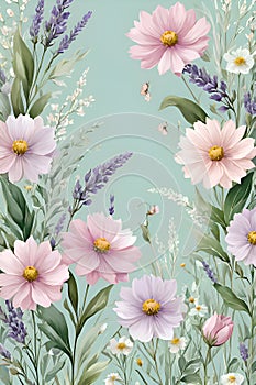 A floral design pattern with soft shades of blush, lavender, mint green, creatimg a backdrop for intricate wildflowers