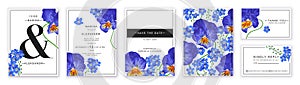 Floral design of wedding invitation template, blue forget-me-not flowers and yellow blue pansies eyes, viola.