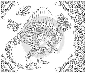 Floral dinosaur coloring book page
