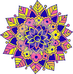 Floral doodle boho mandala with leaves. Colorful  line drawing. Spiritual art. Meditative antistress floral element for design.