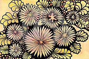 Floral doodle with colorful dots on the background.