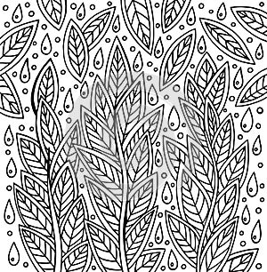 Floral doodle line art pattern with summer rain drops. Trippy boho coloring page for adults. Vector artwork