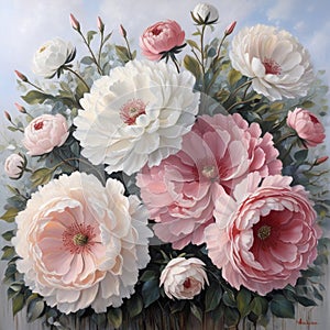 Floral Dreamscape: Realistic Oil Painting of Blooming Flowers in Soft Hues photo
