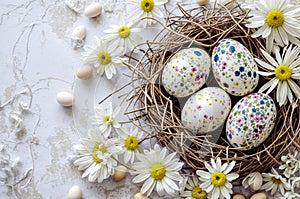 Floral Easter Eggs in Wicker Nest with Daisy Blooms