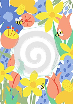 Floral easter poster. Spring meadow flowers, rabbit bunny banner template for Easter Egg hunt. Greeting card bright