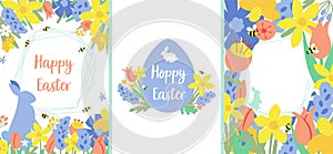 Floral easter posters set Spring flowers, rabbit bunny banner template collection. Easter Egg hunt. Greeting card Bright