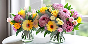 Floral Elegance. A vibrant bouquet of spring flowers arranged in a stylish vase photo