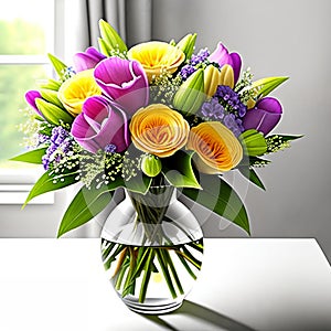 Floral Elegance. A vibrant bouquet of spring flowers arranged in a stylish vase photo