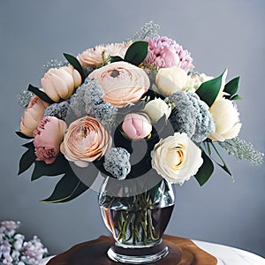 Floral Elegance. A vibrant bouquet of spring flowers arranged in a stylish vase photo