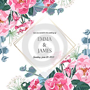 Floral elegant invite card gold frame design: garden flower pink dog roses, tender greenery