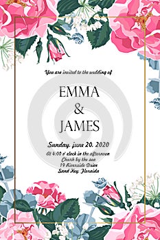 Floral elegant invite card gold frame design: garden flower pink dog roses, tender greenery.