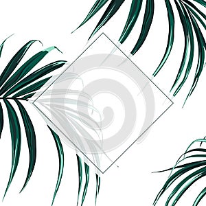 Floral elegant invite card gold frame design: tropical exotic dark palm leaves.