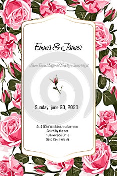 Floral elegant invite card gold frame design: vintage style pink roses.