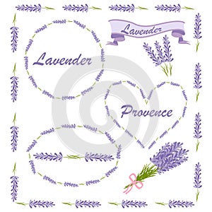 Floral elements for logo or decor. Lavender icons set: flowers, calligraphy, floral elements