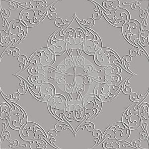 Floral emboss 3d Damask seamless pattern. Vector ornamental embossed background. Repeat relief backdrop. Floral vintage flowers.