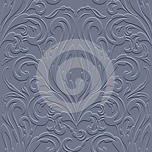 Floral emboss Baroque 3d seamless pattern. Embossed blue background. Textured repeat backdrop. Surface Baroque Damask ornaments.