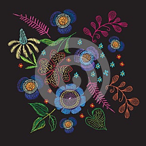 floral embroidery on a black background for prints