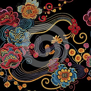 Floral embroidery colorful textured sealess pattern in traditional japanese chinese asian ethnic style. Beautiful embroidered