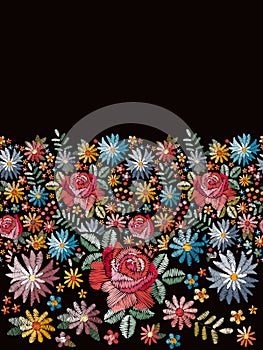 Floral embroidery. Seamless embroidered border with bright colorful flowers on black background. Print for summer dresses.