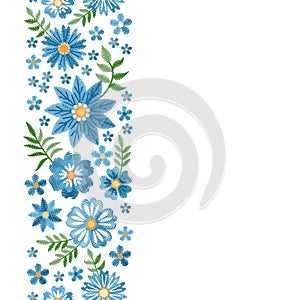 Floral embroidery. Vertical seamless line with beautiful blue flowers on white background. Template for cards