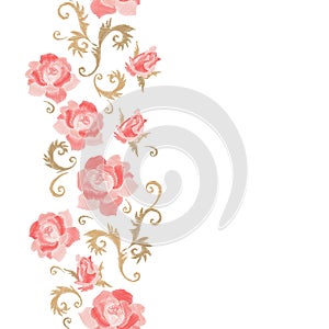 Floral embroidery. Vertical seamless line with beautiful pink rose flowers on white background. Template for greeting cards