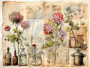 Floral ephemera old recipes paper. Vintage scrapbook page with flowers herbal oil bottles