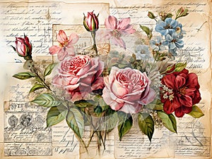 Floral ephemera. Victorian scrapbook page with pastel roses flowers and calligraphy