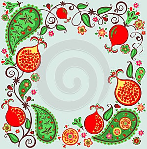 Floral ethnic border with abstract pomegranate tree, fruit, flower and paisly