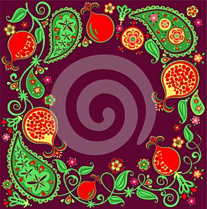 Floral ethnic border with abstract pomegranate tree, fruit, flowers and paisley on dark lilac background