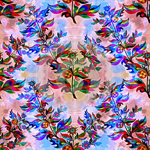 Floral ethnic motif. Ukrainian pattern. Seamless pattern. Decorative composition with floral motifs. Watercolor. Wallpaper