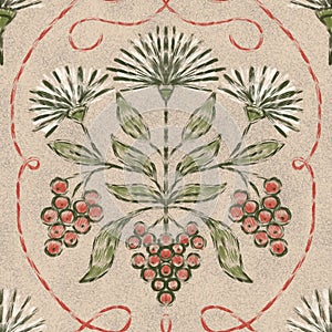 Floral ethnic seamless pattern on calm beige background. Natural repeated design with symmetric flower and berries in