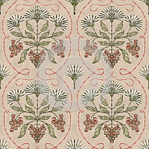 Floral ethnic seamless pattern on calm beige background. Natural repeated design with symmetric flower and berries in