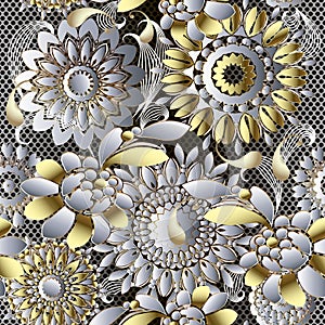 Floral ethnic style gold silver ornate vector seamless pattern. Ornamental lace grid textured background. Elegance 3d flowers,