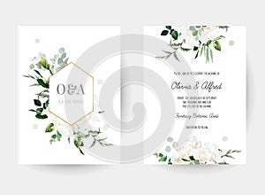 Floral eucalyptus selection vector frames. Hand painted branches, white flowers, leaves on white background